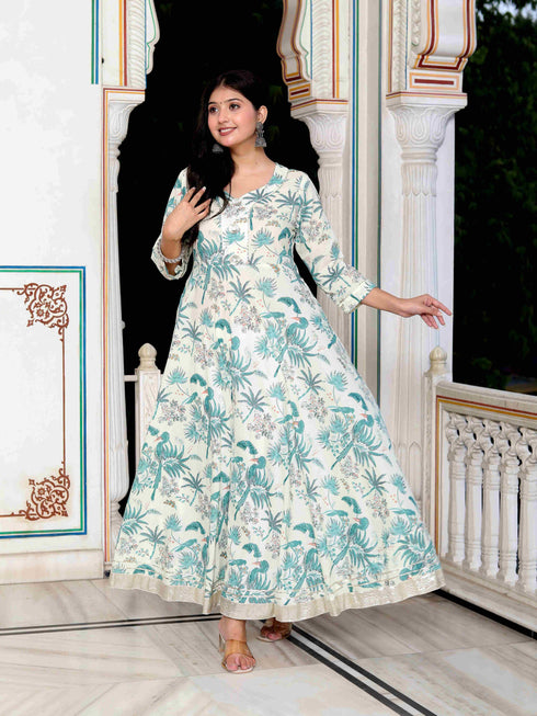 Miravan Womens Light Green Cotton Gotapatti And Lace Border Birds And Leaf Anarkali Kurta
