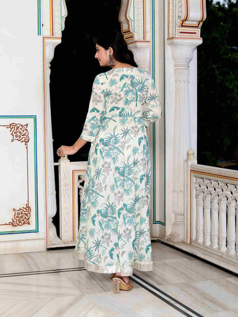 Miravan Womens Light Green Birds And Leaf Floral Printed Anarkali Kurta And Dupatta Set