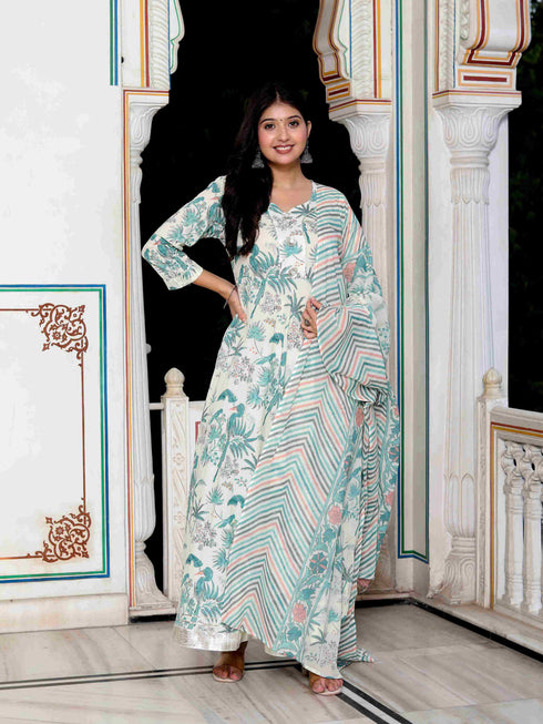 Miravan Womens Light Green Birds And Leaf Floral Printed Anarkali Kurta And Dupatta Set