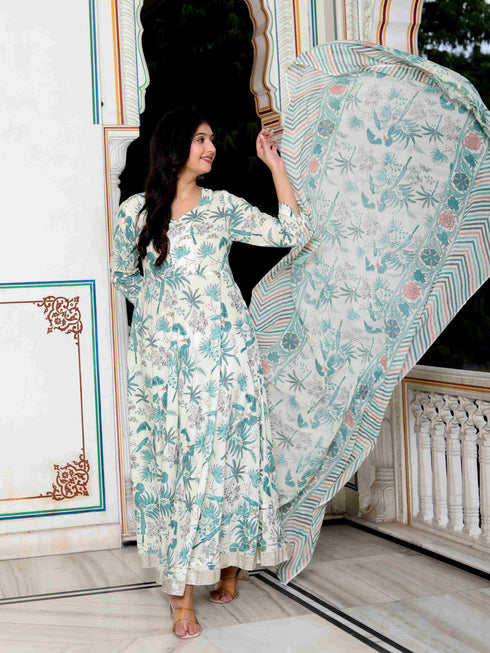 Miravan Womens Light Green Birds And Leaf Floral Printed Anarkali Kurta And Dupatta Set