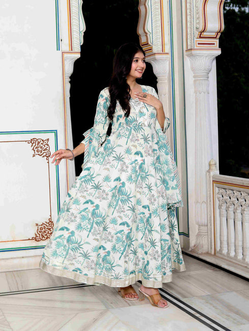 Miravan Womens Light Green Birds And Leaf Floral Printed Anarkali Kurta And Dupatta Set