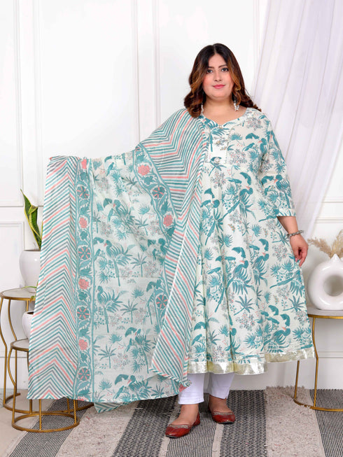 Miravan Womens Plus Size Light Green Cotton Birds And Leaf Floral Printed And Lace Border Details Anarkali Kurta And Dupatta Set