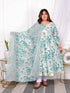 Miravan Womens Plus Size Light Green Cotton Birds And Leaf Floral Printed And Lace Border Details Anarkali Kurta And Dupatta Set