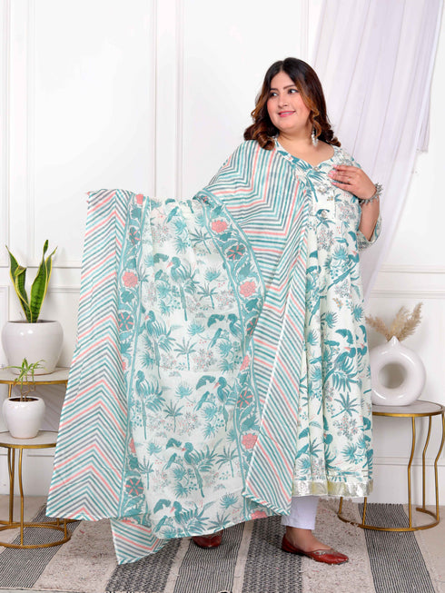 Miravan Womens Plus Size Light Green Cotton Birds And Leaf Floral Printed And Lace Border Details Anarkali Kurta And Dupatta Set