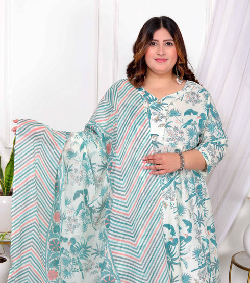 Miravan Womens Plus Size Light Green Cotton Birds And Leaf Floral Printed And Lace Border Details Anarkali Kurta And Dupatta Set