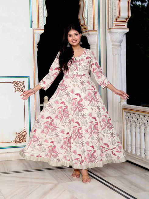Miravan Womens Light Pink Cotton Gotapatti Birds And Leaf Floral Printed Anarkali Kurta