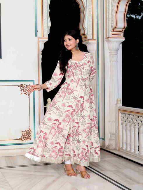 Miravan Womens Light Pink Cotton Gotapatti Birds And Leaf Floral Printed Anarkali Kurta
