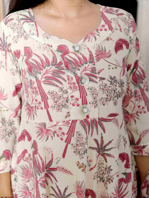 Miravan Womens Light Pink Cotton Gotapatti Birds And Leaf Floral Printed Anarkali Kurta