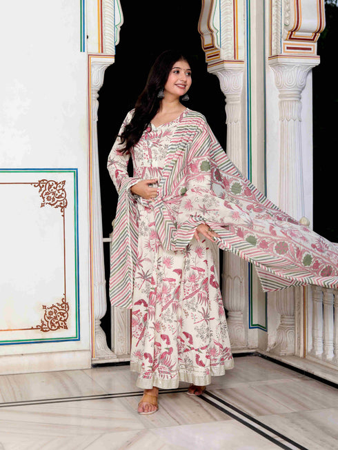 Miravan Womens Light Pink Cotton Birds And Leaf Floral Printed Anarkali Kurta And Dupatta Set