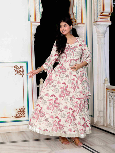 Miravan Womens Light Pink Cotton Birds And Leaf Floral Printed Anarkali Kurta And Dupatta Set