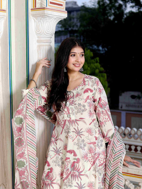 Miravan Womens Light Pink Cotton Birds And Leaf Floral Printed Anarkali Kurta And Dupatta Set