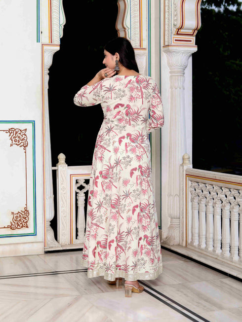 Miravan Womens Light Pink Cotton Birds And Leaf Floral Printed Anarkali Kurta And Dupatta Set