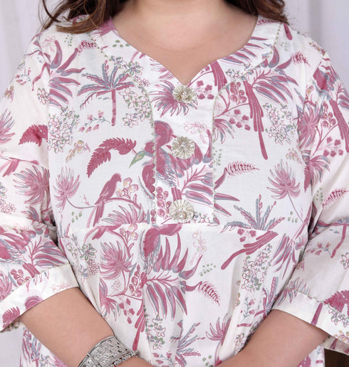 Miravan Womens Plus Size Pink Cotton Gota and Lace Border Birds and Leaf Floral Printed Anarkali Kurta