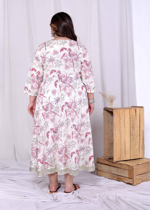 Miravan Womens Plus Size Pink Cotton Gota and Lace Border Birds and Leaf Floral Printed Anarkali Kurta