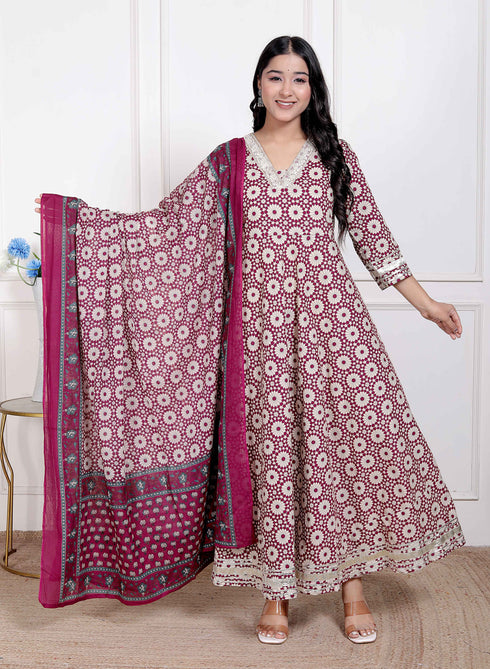 Miravan Womens Cream Embroidered Cotton Anarkali Kurta and Dupatta