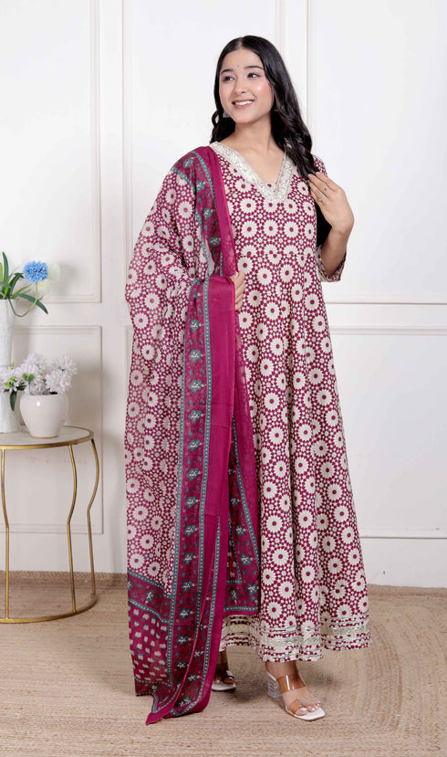 Miravan Womens Cream Embroidered Cotton Anarkali Kurta and Dupatta