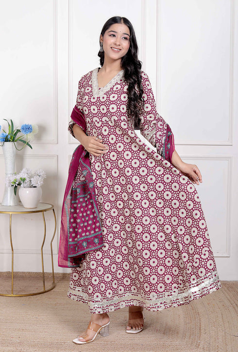 Miravan Womens Cream Embroidered Cotton Anarkali Kurta and Dupatta