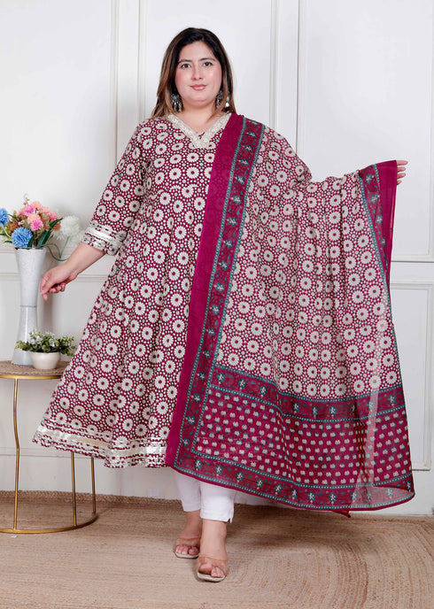 Miravan Plus Size Womens Cream Embroidered Cotton Anarkali Kurta and Dupatta