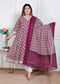Miravan Plus Size Womens Cream Embroidered Cotton Anarkali Kurta and Dupatta
