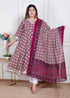 Miravan Plus Size Womens Cream Embroidered Cotton Anarkali Kurta and Dupatta