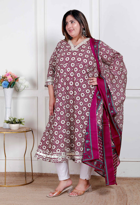 Miravan Plus Size Womens Cream Embroidered Cotton Anarkali Kurta and Dupatta
