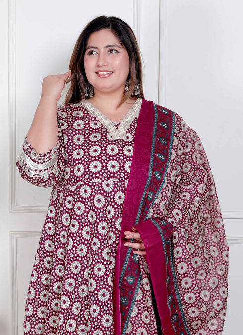 Miravan Plus Size Womens Cream Embroidered Cotton Anarkali Kurta and Dupatta