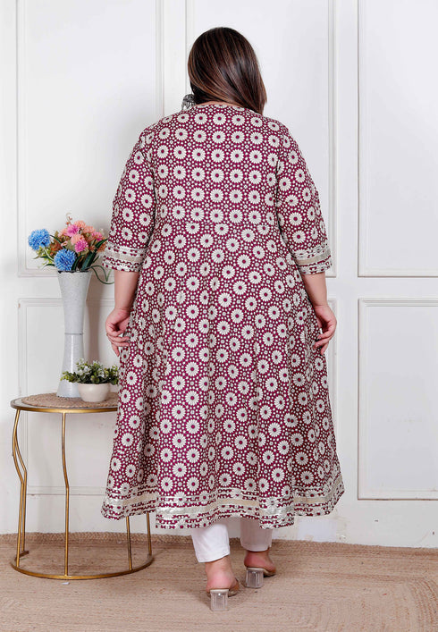 Miravan Plus Size Womens Cream Embroidered Cotton Anarkali Kurta and Dupatta