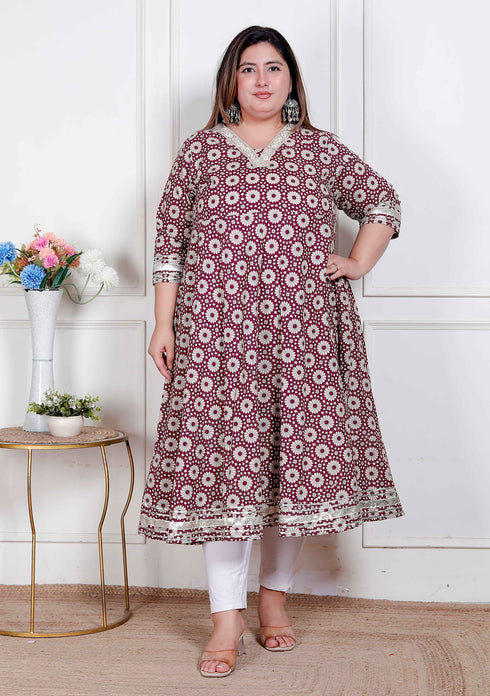 Miravan Plus Size Womens Cream Embroidered Cotton Anarkali Kurta
