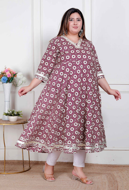 Miravan Plus Size Womens Cream Embroidered Cotton Anarkali Kurta