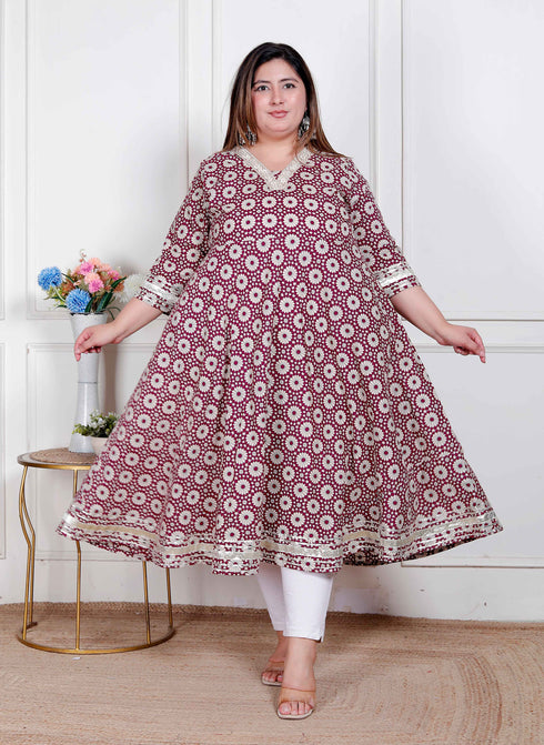 Miravan Plus Size Womens Cream Embroidered Cotton Anarkali Kurta