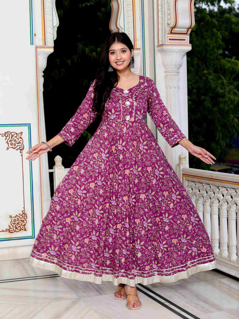Miravan Womens Cotton Gotapatti And Lace Border Details Floral Printed Purple Anarkali Kurta