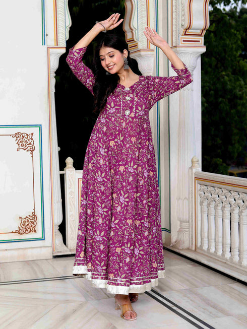 Miravan Womens Cotton Gotapatti And Lace Border Details Floral Printed Purple Anarkali Kurta