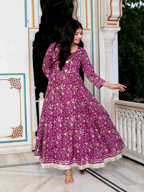 Miravan Womens Cotton Gotapatti And Lace Border Details Floral Printed Purple Anarkali Kurta