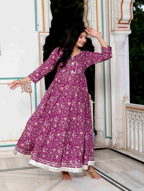 Miravan Womens Cotton Gotapatti And Lace Border Details Floral Printed Purple Anarkali Kurta