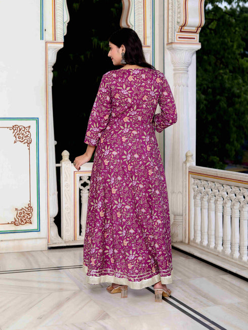 Miravan Womens Cotton Gotapatti And Lace Border Details Floral Printed Purple Anarkali Kurta