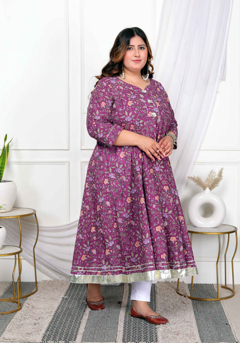 Miravan Womens Plus Size Cotton Gotapatti And Lace Border Details Floral Printed Purple Anarkali Kurta