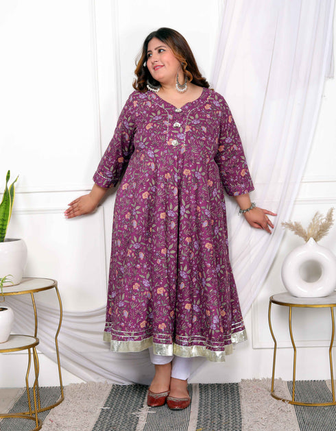 Miravan Womens Plus Size Cotton Gotapatti And Lace Border Details Floral Printed Purple Anarkali Kurta