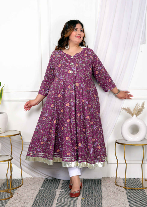 Miravan Womens Plus Size Cotton Gotapatti And Lace Border Details Floral Printed Purple Anarkali Kurta