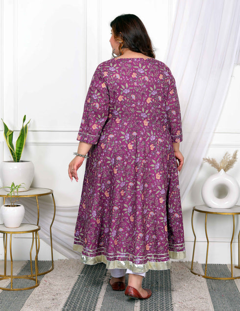 Miravan Womens Plus Size Cotton Gotapatti And Lace Border Details Floral Printed Purple Anarkali Kurta