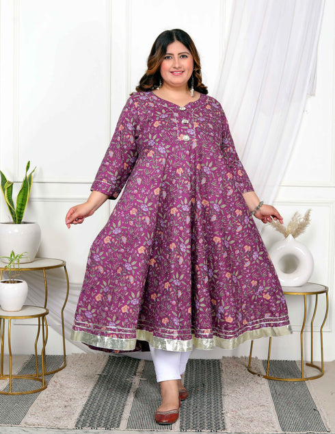 Miravan Womens Plus Size Cotton Gotapatti And Lace Border Details Floral Printed Purple Anarkali Kurta