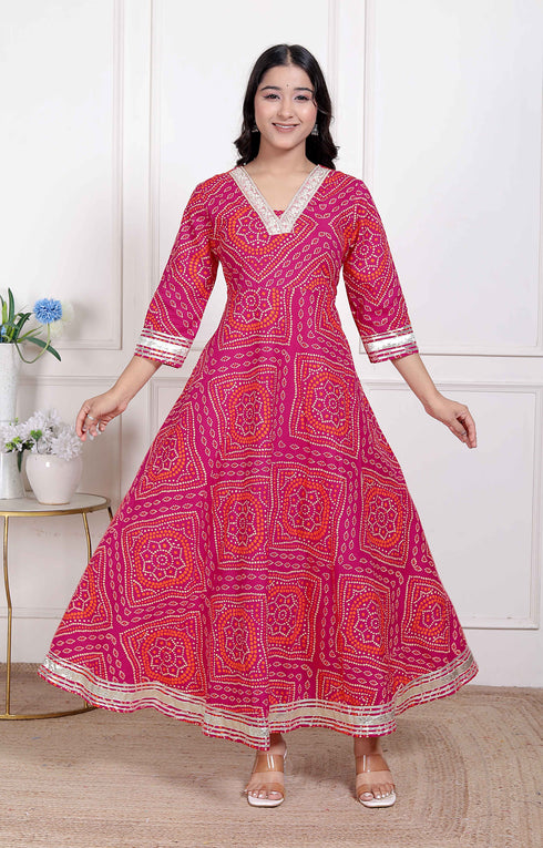 Miravan Womens PINK cotton Bandhani ethnic Anarkali Kurta