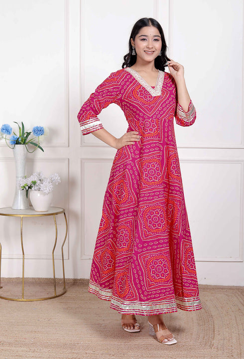 Miravan Womens PINK cotton Bandhani ethnic Anarkali Kurta