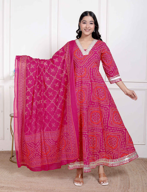 Miravan Womens Bandhani ethnic Anarkali Kurta and Dupatta