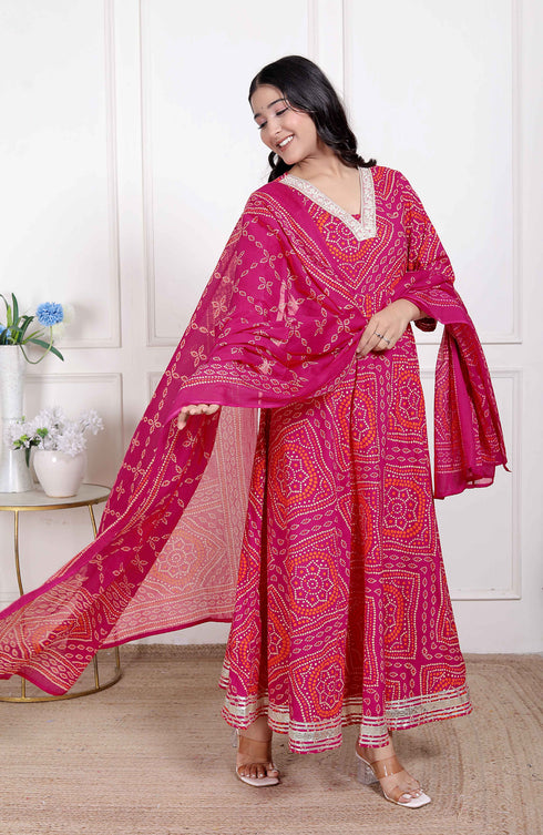 Miravan Womens Bandhani ethnic Anarkali Kurta and Dupatta