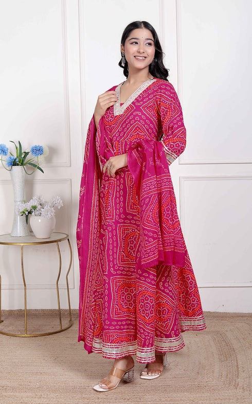 Miravan Womens Bandhani ethnic Anarkali Kurta and Dupatta