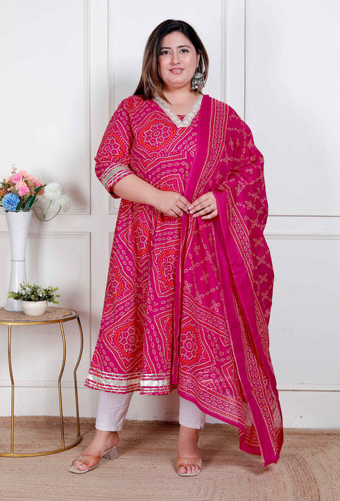 Miravan Plus Size Womens Bandhani ethnic Anarkali Kurta and Dupatta