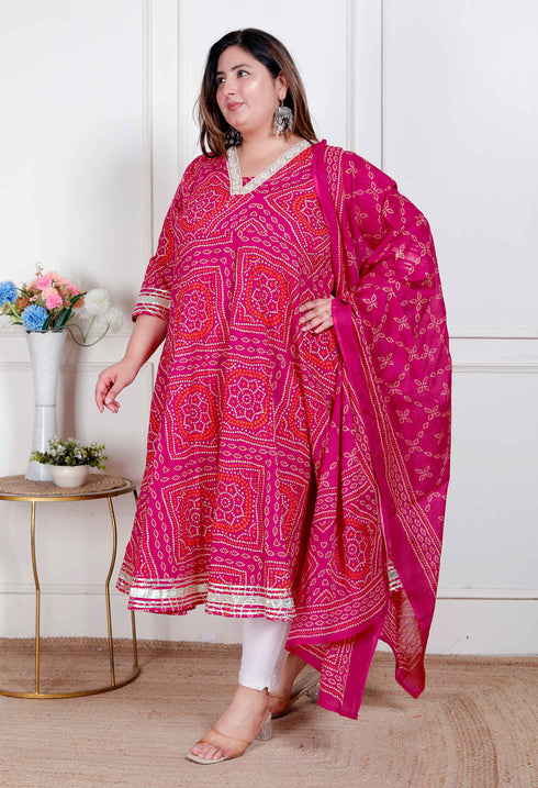 Miravan Plus Size Womens Bandhani ethnic Anarkali Kurta and Dupatta