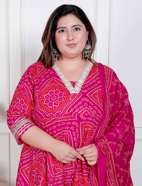 Miravan Plus Size Womens Bandhani ethnic Anarkali Kurta and Dupatta