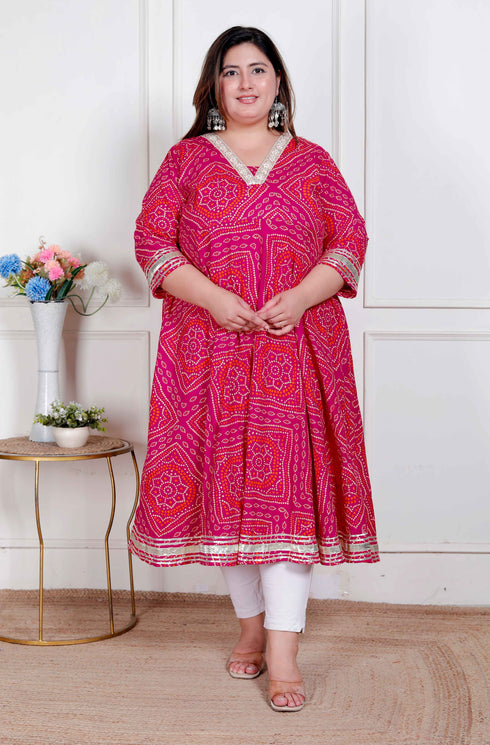 Miravan Plus Size Womens Pink cotton Bandhani ethnic Anarkali Kurta