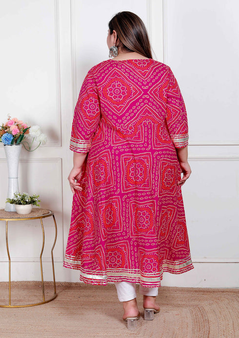 Miravan Plus Size Womens Pink cotton Bandhani ethnic Anarkali Kurta